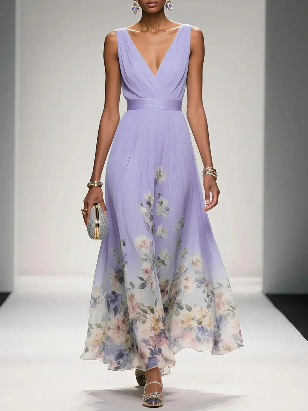 Rosa | Robe Maxi en Chiffon avec Fleurs Bleu Clair et Décolleté en V