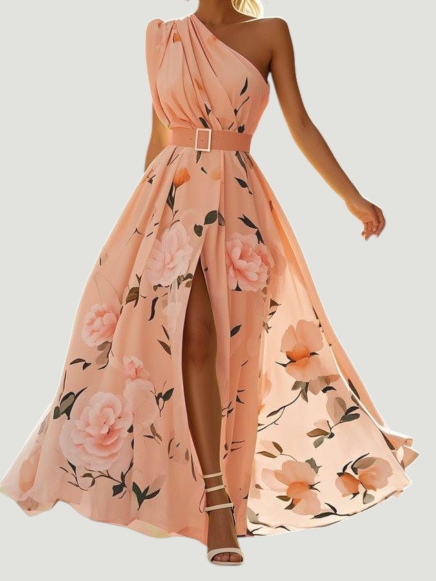 Julie | Robe Maxi Chiffon Florale à Épaules Dégagées Vert Clair