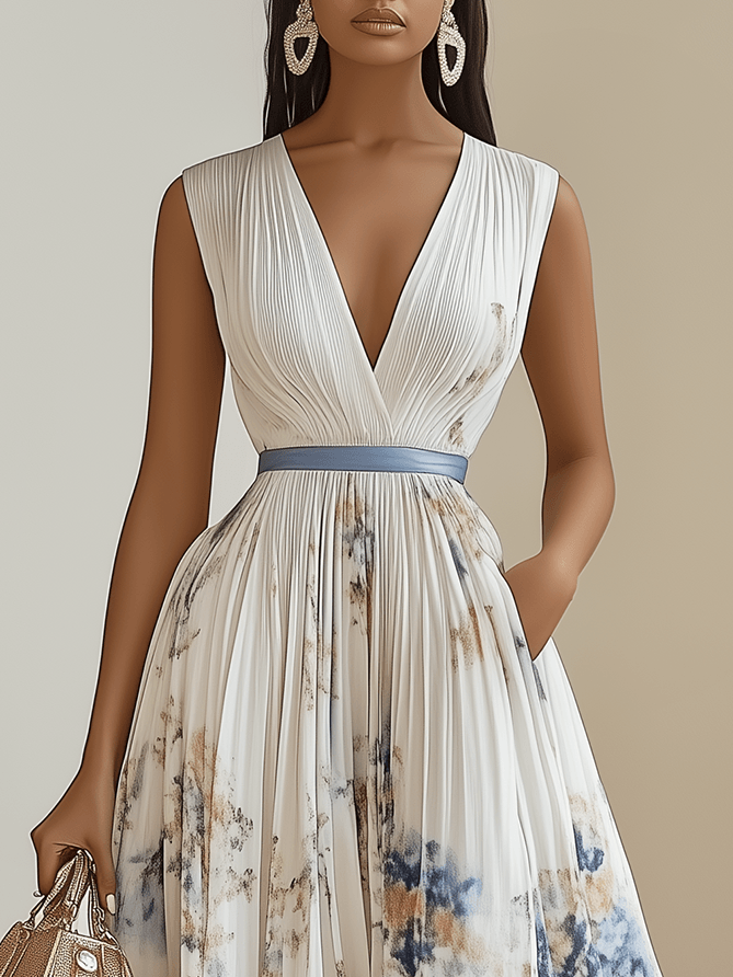 Chloé | Robe midi plissée en chiffon floral blanc avec décolleté en V