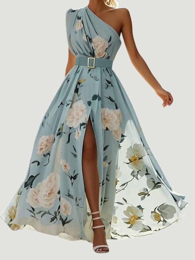 Julie | Robe Maxi Chiffon Florale à Épaules Dégagées Vert Clair