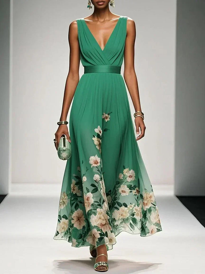 Rosa | Robe Maxi en Chiffon avec Fleurs Bleu Clair et Décolleté en V