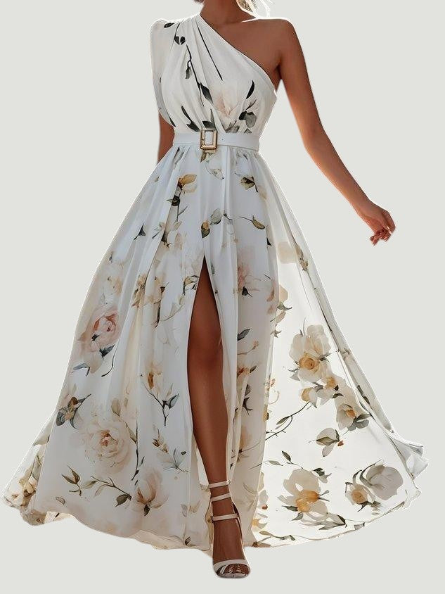 Julie | Robe Maxi Chiffon Florale à Épaules Dégagées Vert Clair