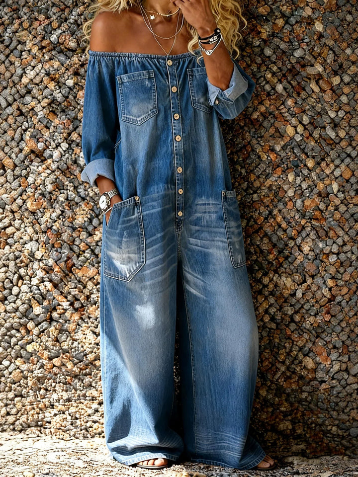 Noa | Combinaison-Pantalon en Jean avec Encolure Bardot