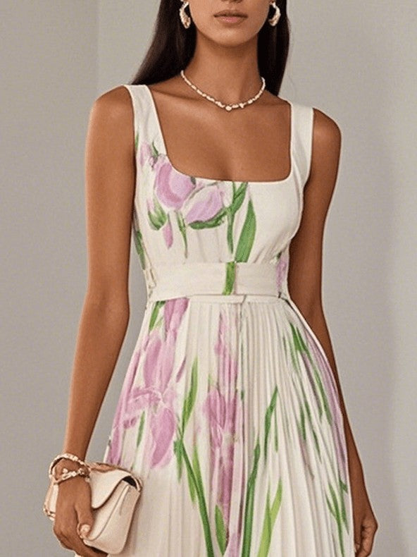 Marie | Robe Maxi Chiffon Florale Plissée Blanche