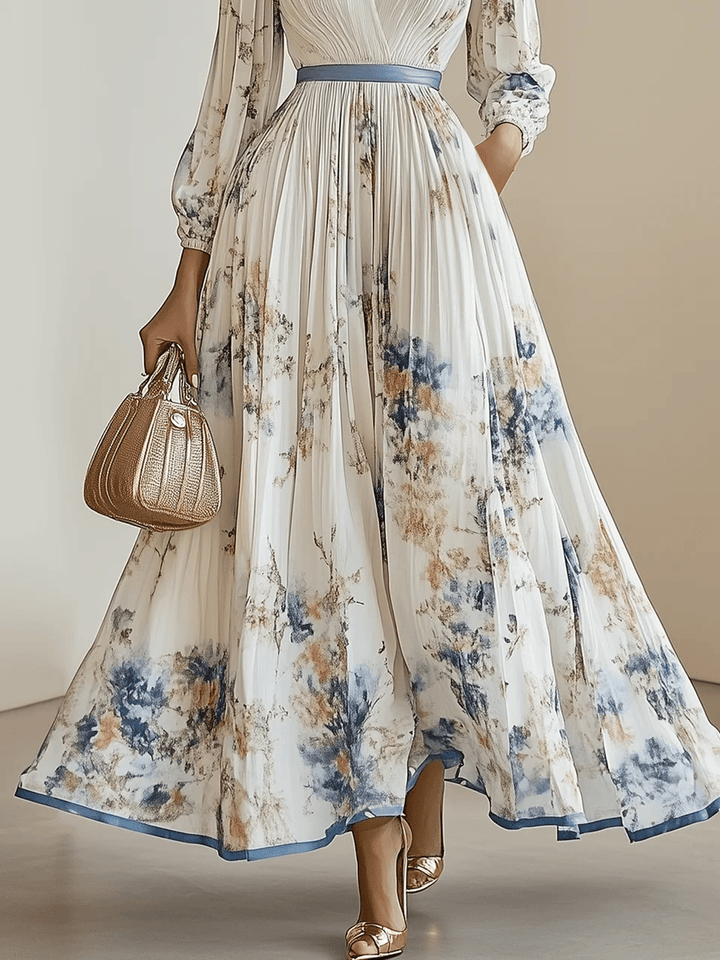 Amalia | Robe Maxi en Chiffon Floral Blanc avec Manches Volumineuses