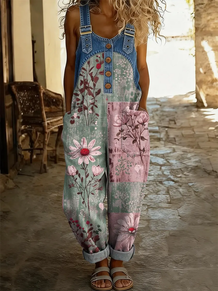 Maréa | Combinaison-pantalon en jean patchwork avec imprimé floral