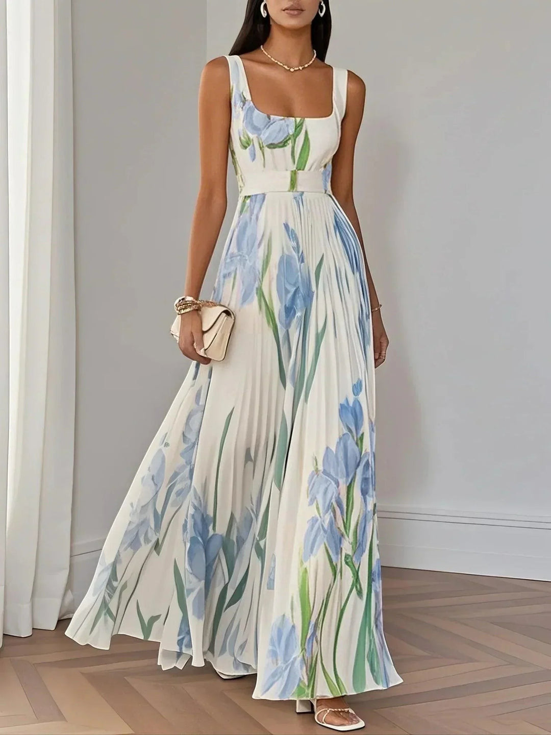 Marie | Robe Maxi Chiffon Florale Plissée Blanche