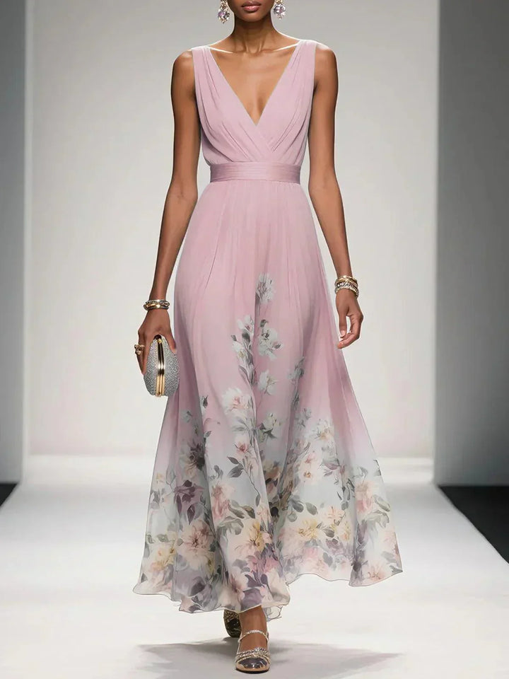 Rosa | Robe Maxi en Chiffon avec Fleurs Bleu Clair et Décolleté en V