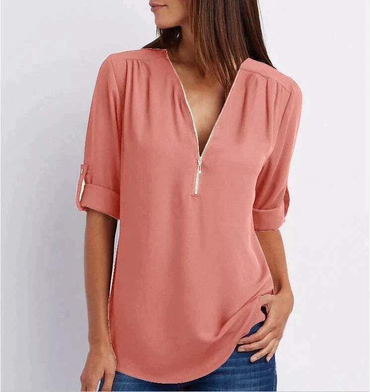 Lucas & Léa Paris| Plus Size Blouse à manches 3/4 en vrac avec fermeture éclair