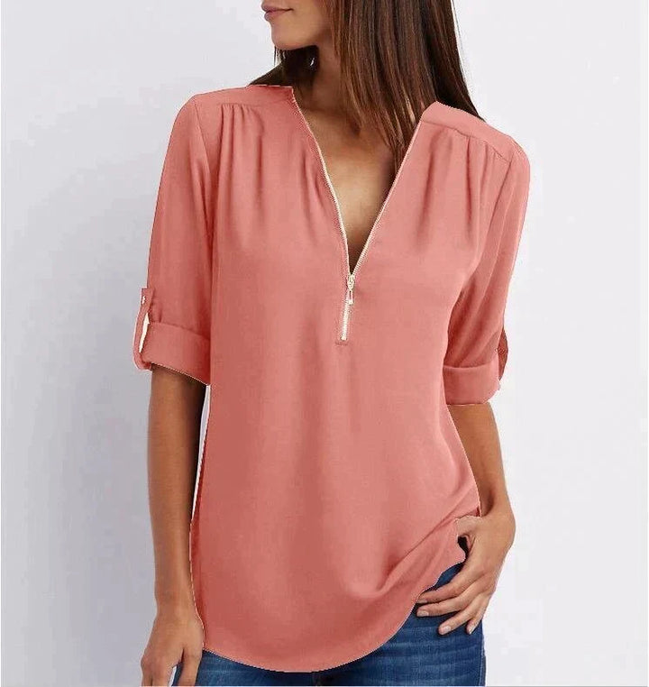 Lucas & Léa Paris| Plus Size Blouse à manches 3/4 en vrac avec fermeture éclair