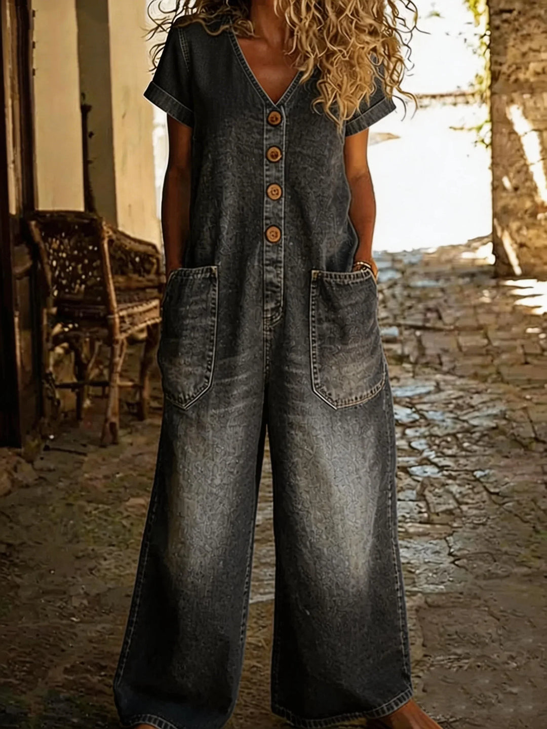 Denise | Combinaison-short en jean à col en V et manches courtes