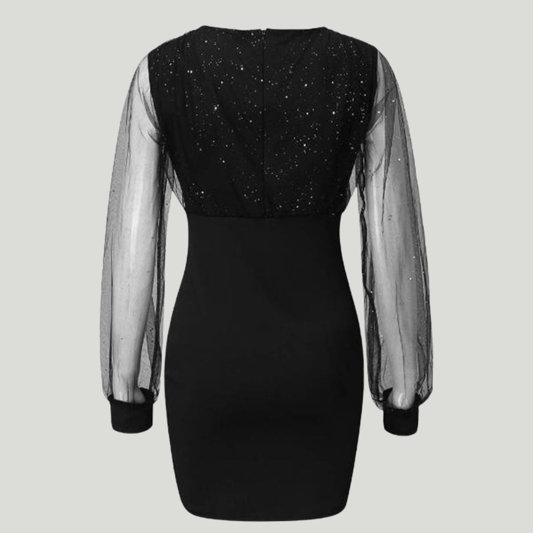 Adrienne | Robe Noire Élégante à Paillettes et Manches Transparentes